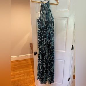 Maxi, dark teal tie-dyed style print. Cut in at shoulders for a flattering look!